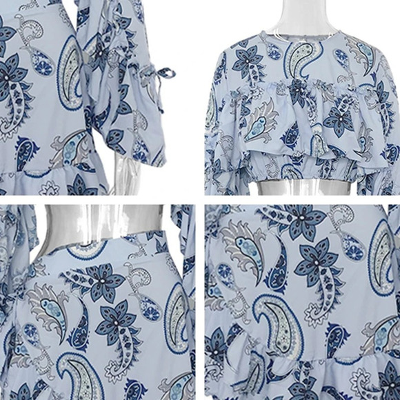 Blue V-Neck‎ Collar Blouse with Butterfly Ruffle Sleeves and Skirt Outfit Set - Picture 4 of 4